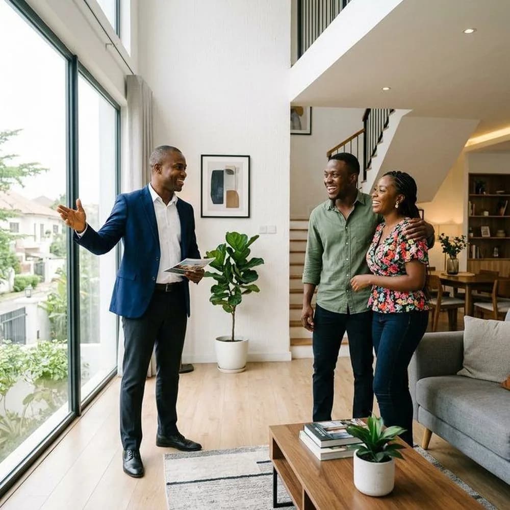 An agent showing a couple around a home