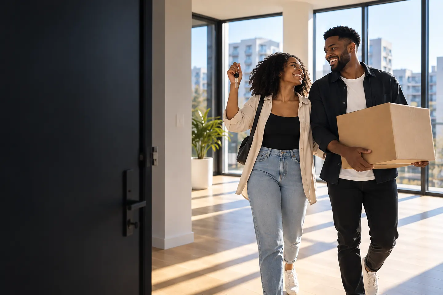 A couple carrying their keys and a moving box into a bright new home